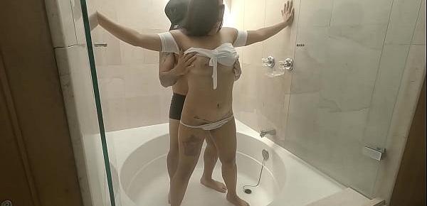  Seductive girlfriend with big tits takes a bath and gets nailed by hot young man